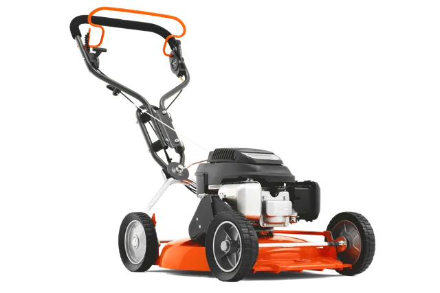 Side view of a walk-behind lawn mower with ergonomic handle and visible engine.