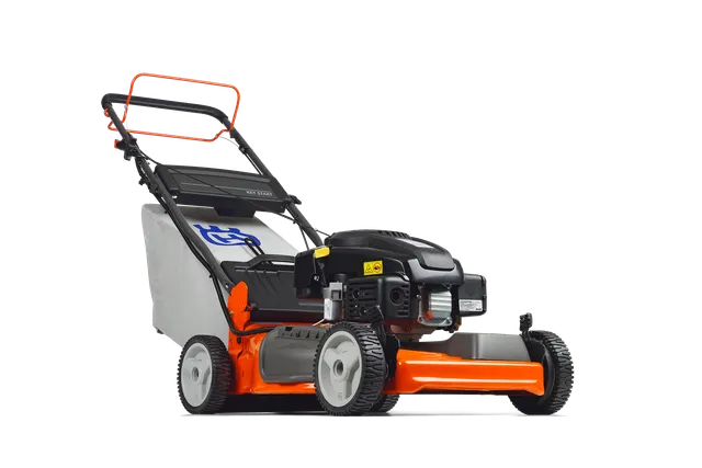 Side view of a lawn mower with a grass collection bag attached.