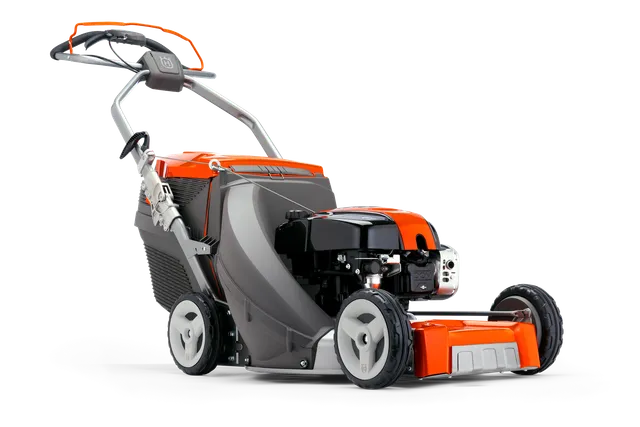 Husqvarna LC 53 e. Side view of a Husqvarna walk-behind lawn mower with a grass catcher.