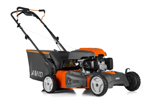 Side view of a lawn mower with AWD branding, showcasing its design and features.