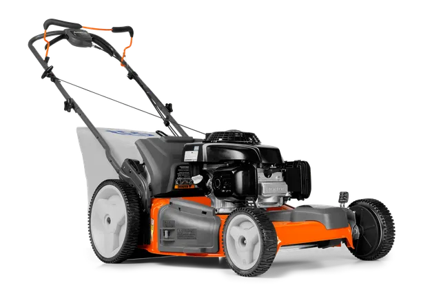 Side view of a lawn mower with a collection bag and adjustable handle.