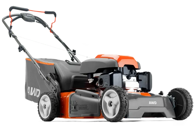 HUSQVARNA LC 56 AWD. Vista lateral de um corta-relva Husqvarna AWD apresentando o seu design e características.