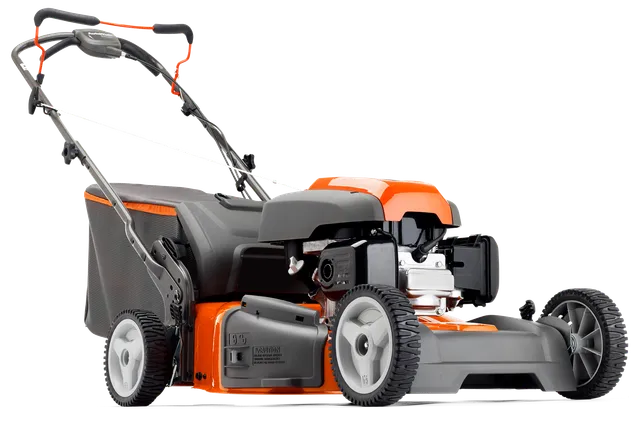 Vy från sidan av en gräsklippare med synlig motor och hjul.