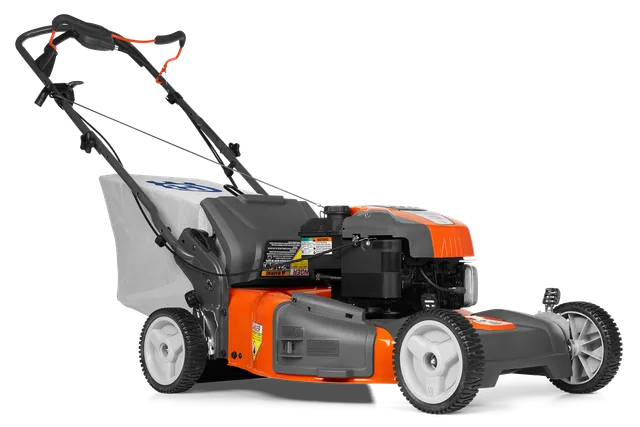Side view of a lawn mower with a grass collection bag.