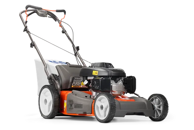 Side view of a Husqvarna lawn mower with grass collection bag.
