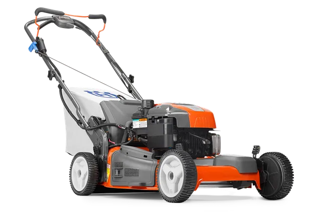 Side view of a lawn mower with a visible grass collection bag.