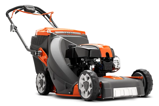 Zijaanzicht van een grasmaaier met een opvangzak en ergonomisch handvat.