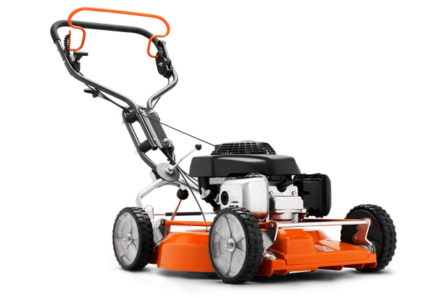Seitenansicht eines Rasenmähers mit sichtbarem Motor und Handgriff.