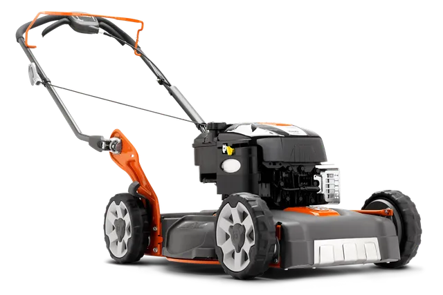 Vy från sidan av en gräsklippare med synlig motor och handtag.