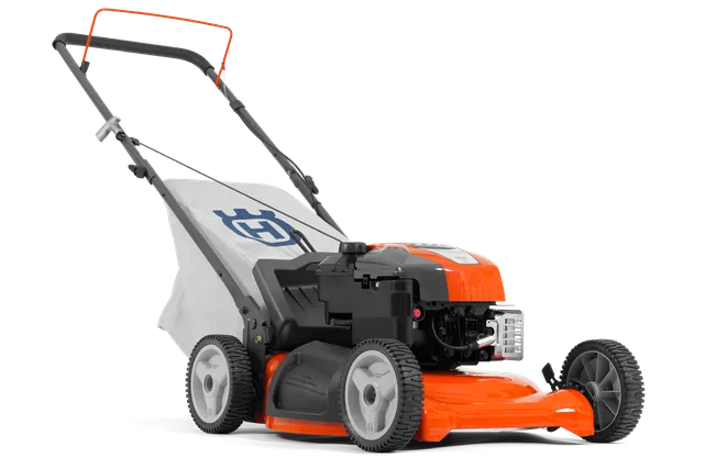 Side view of a lawn mower with a grass collection bag.