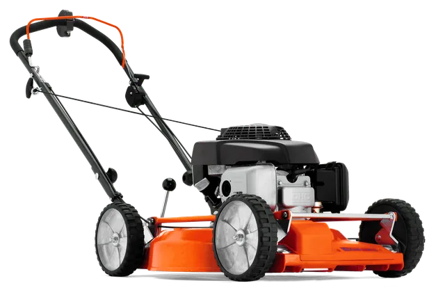 Sivunäkymä Husqvarnan työntöruohonleikkurista, jossa on näkyvä moottori ja pyörät.