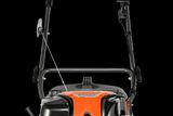 Front view of a Husqvarna lawn mower with visible engine and handle.