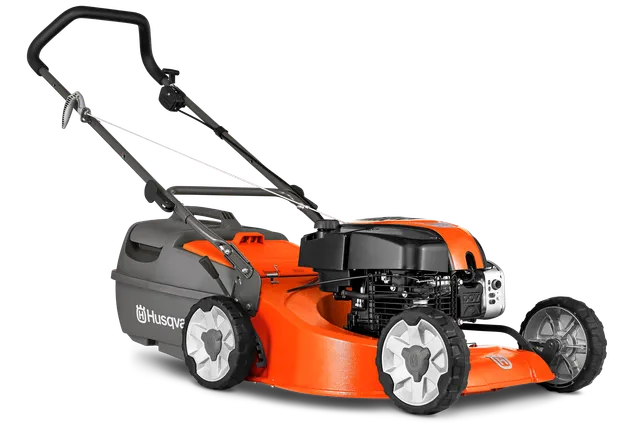 Husqvarna LC 19A. Side view of a Husqvarna lawn mower with a collection bag and adjustable handle.