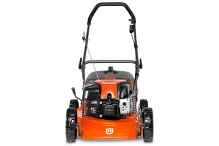 Front view of a Husqvarna push lawn mower with visible engine and handle.