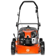 Front view of a Husqvarna push lawn mower with visible engine and handle.