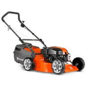 Side view of a Husqvarna lawn mower with visible engine and wheels.