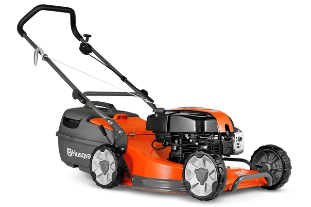 Side view of a Husqvarna lawn mower showcasing its design and features.