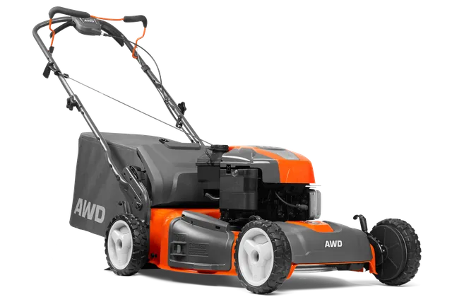 Side view of a lawn mower with AWD branding.