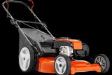 Side view of a Husqvarna lawn mower with visible engine and wheels.