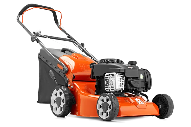Seitenansicht eines Husqvarna Rasenmähers mit Grasfangsack.