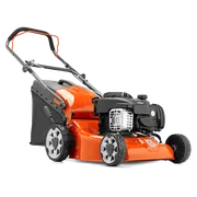 Vista lateral de un cortacésped Husqvarna con una bolsa de recogida de hierba.