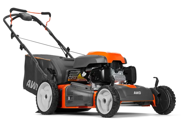 HU800AWDH Walk Behind Mower. Side view of a Husqvarna AWD lawn mower with grass collection bag.