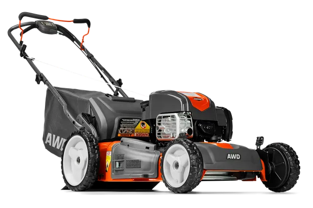 Side view of an AWD lawn mower with a grass collection bag.