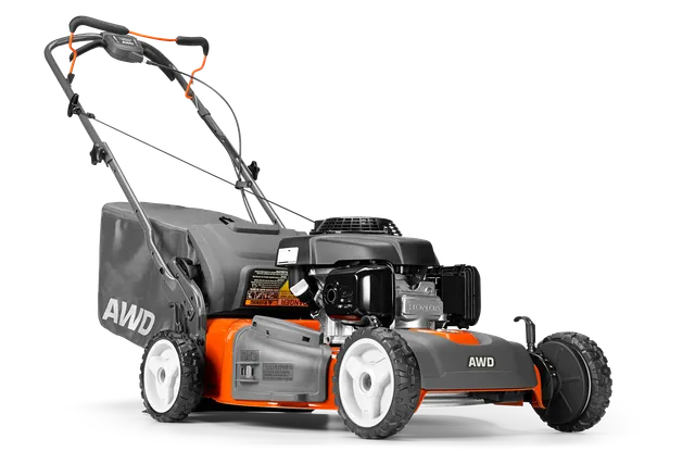 Side view of an AWD lawn mower with a grass collection bag.
