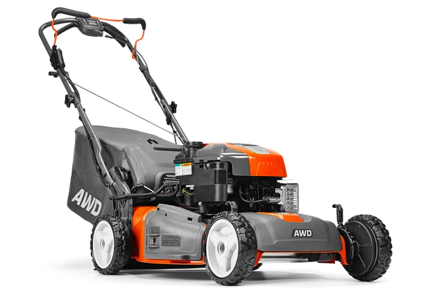 Side view of a lawn mower with AWD feature, showcasing its design and components.