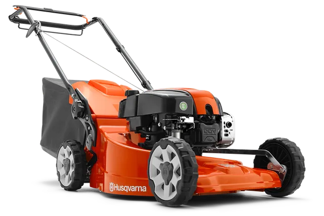 Вид збоку на газонокосарку Husqvarna з травозбірником.