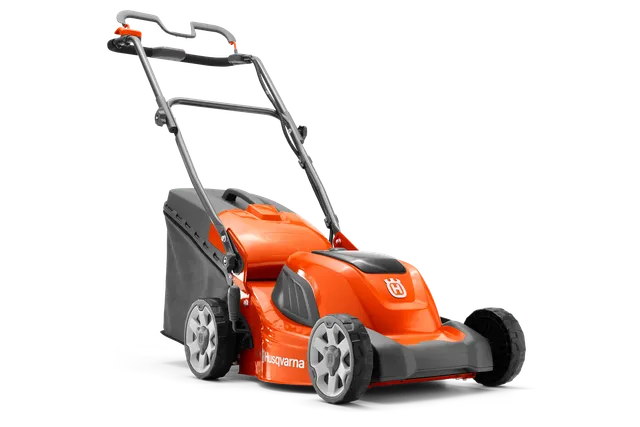 Side view of a Husqvarna battery-powered lawn mower.
