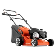 Side view of a Husqvarna lawn mower with a grass collection bag.