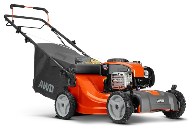 Side view of an AWD lawn mower with a grass collection bag.