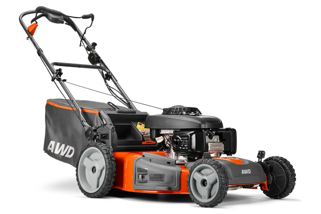 Side view of a lawn mower with AWD (All Wheel Drive) feature.