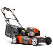 Vista lateral de un cortacésped Husqvarna AWD con bolsa de recogida de hierba.