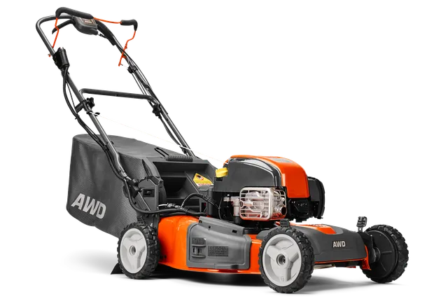 Side view of a Husqvarna AWD lawn mower with grass collection bag.