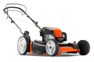 Side view of a gas-powered lawn mower with adjustable handle and large wheels.
