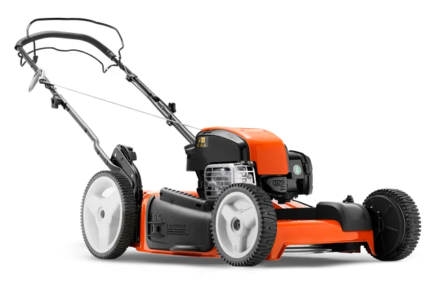 Side view of a gas-powered lawn mower with adjustable handle and large wheels.
