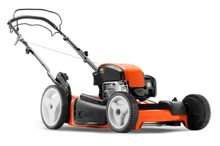 Side view of a gas-powered lawn mower with adjustable handle and large wheels.