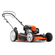 Side view of a gas-powered lawn mower with adjustable handle and large wheels.