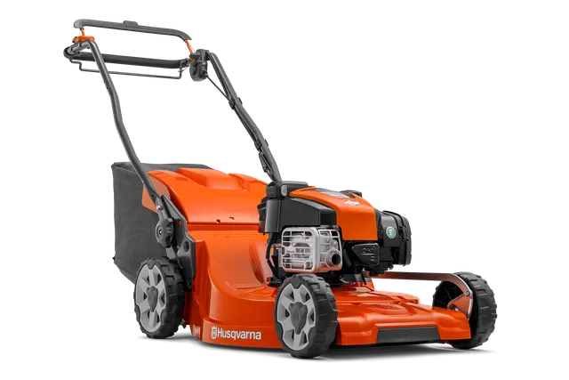 Seitenansicht eines Husqvarna Rasenmähers mit Grasfangsack.