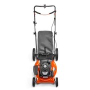 Vista superior de un cortacésped con su motor y el diseño del manillar.