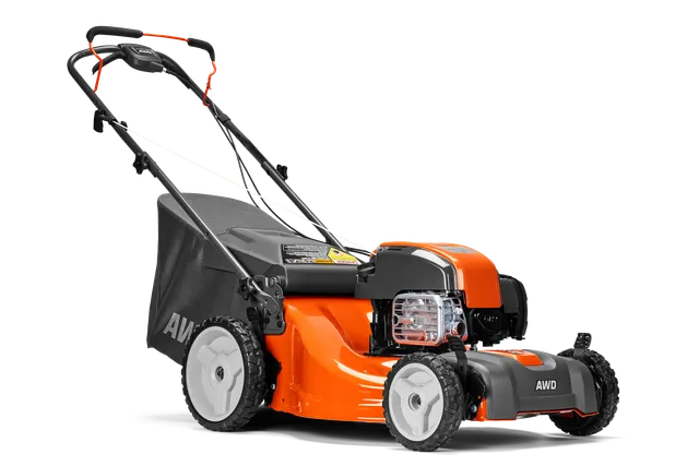 Side view of a lawn mower with all-wheel drive feature.