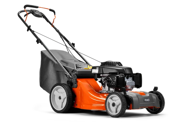 Side view of a rear-wheel drive lawn mower with a grass collection bag.