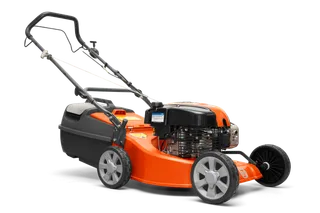 HUSQVARNA LC 19SP. มุมมองด้านข้างของเครื่องตัดหญ้าที่ใช้แก๊สพร้อมถุงเก็บหญ้า