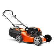 HUSQVARNA LC 19SP. มุมมองด้านข้างของเครื่องตัดหญ้าที่ใช้แก๊สพร้อมถุงเก็บหญ้า