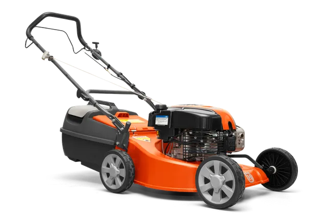 Side view of a gas-powered lawn mower with a grass collection bag.