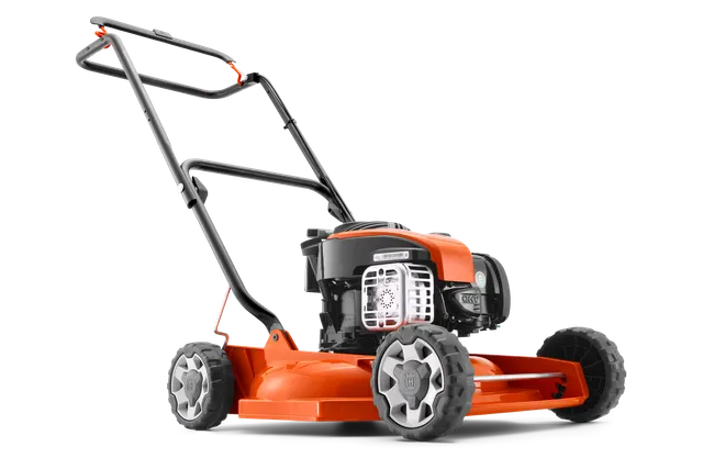Вид збоку на несамохідну газонокосарку Husqvarna з видимим двигуном і ручкою.