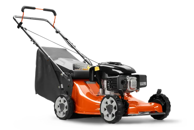Side view of a lawn mower with a grass collection bag and adjustable handle.