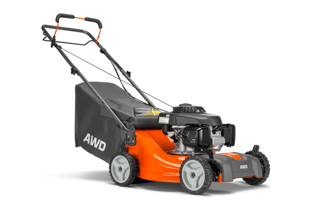 Side view of an AWD lawn mower with a grass collection bag.